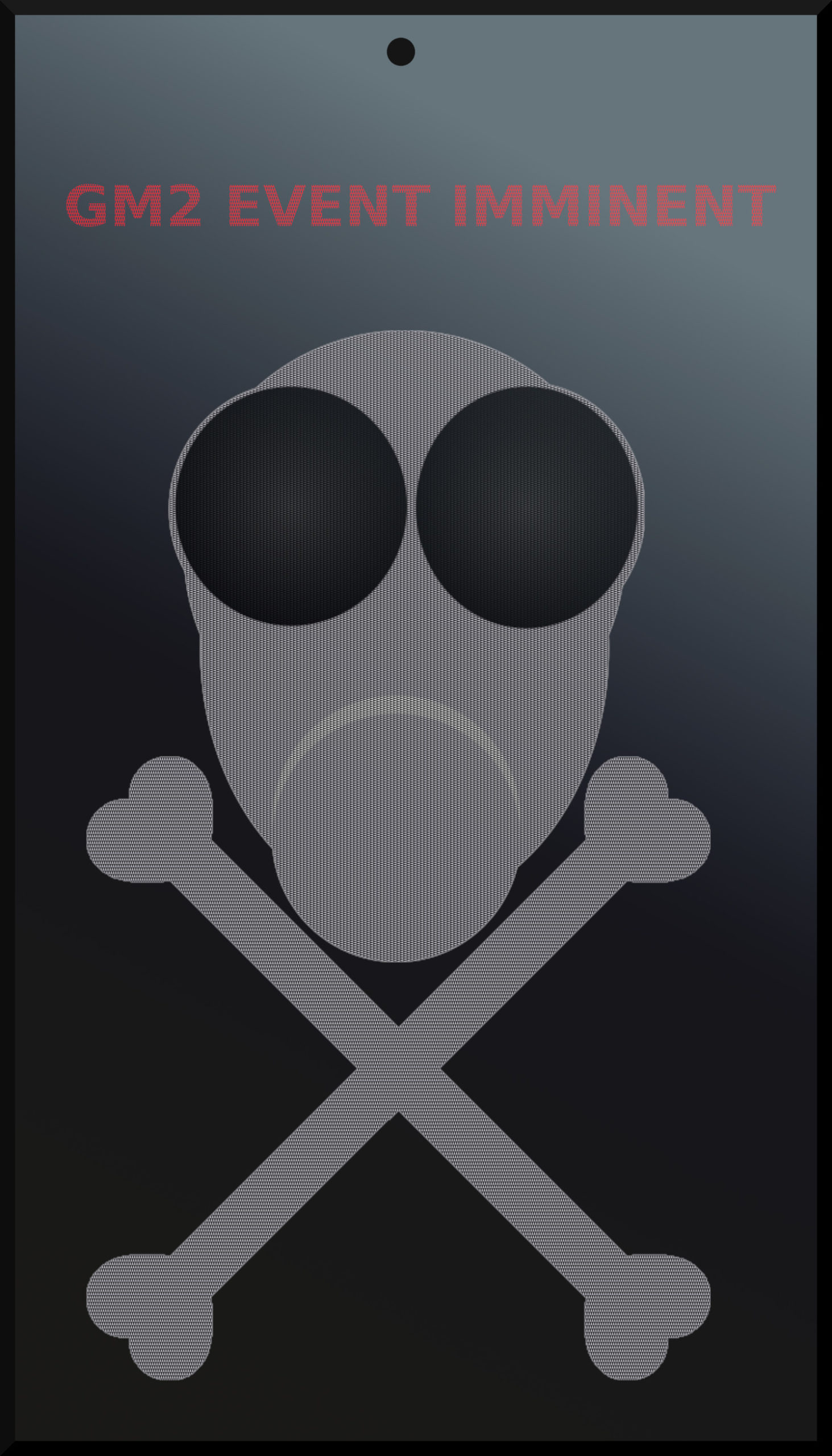 White gas mask with white crossed bones beneath it on a mobile phone screen